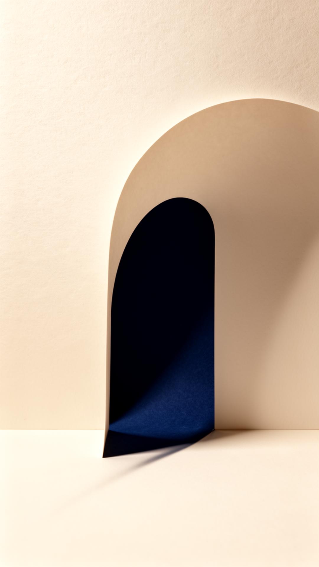 Editorial composition — curved form opening onto deep ink-blue
