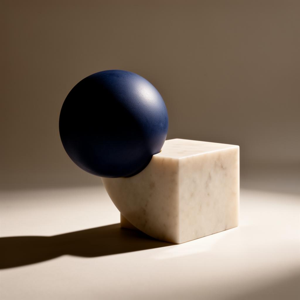 Sculptural forms — ink-blue sphere on bone cube